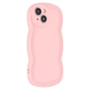 iPhone 15-etui Gummieret beskyttende fleksibelt telefon cover med krøllet bølgeramme - Lyserød