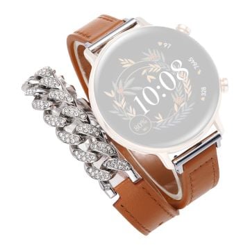 22mm Universal Smart Watch Band Bling Rhinestone Genuine Cow Leather and Chain Strap Replacement - Brun