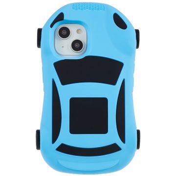 iPhone 14 Racing Car Shape Phone Case med 4 remskiver Stødsikkert beskyttelsescover af silikone Legetøj - Blå