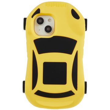 iPhone 14 Racing Car Shape Phone Case med 4 remskiver Stødsikkert beskyttelsescover af silikone Legetøj - Gul