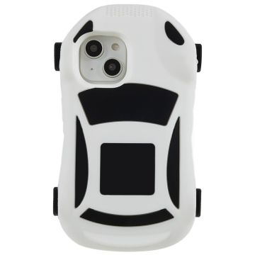 iPhone 14 Racing Car Shape Phone Case med 4 remskiver Stødsikkert beskyttelsescover af silikone Legetøj - Hvid