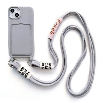 iPhone 14 Blød flydende silikone-telefontaske Kortspor Slank Beskyttende Bagcover med Lanyard Strap - Grå