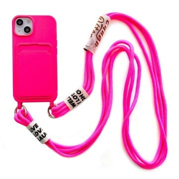 iPhone 14 Blød flydende silikone-telefontaske Kortspor Slank Beskyttende Bagcover med Lanyard Strap - Rose