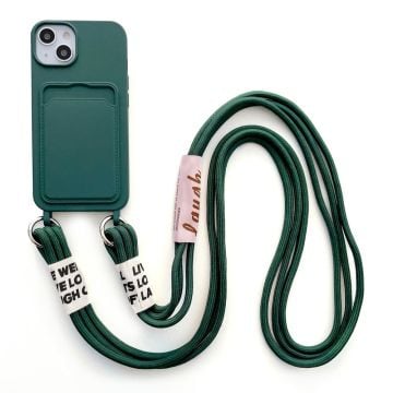 iPhone 14 Blød flydende silikone-telefontaske Kortspor Slank Beskyttende Bagcover med Lanyard Strap - Mørkegrøn