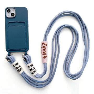 iPhone 14 Blød flydende silikone-telefontaske Kortspor Slank Beskyttende Bagcover med Lanyard Strap - Marine Blå