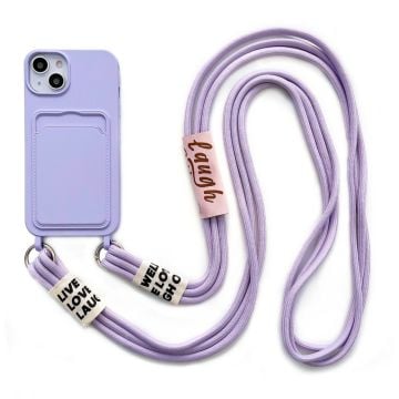 iPhone 14 Blød flydende silikone-telefontaske Kortspor Slank Beskyttende Bagcover med Lanyard Strap - Lilla