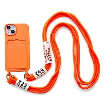 iPhone 14 Blød flydende silikone-telefontaske Kortspor Slank Beskyttende Bagcover med Lanyard Strap - Orange