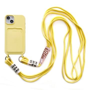 iPhone 14 Blød flydende silikone-telefontaske Kortspor Slank Beskyttende Bagcover med Lanyard Strap - Gul