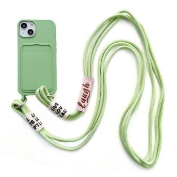 iPhone 14 Blød flydende silikone-telefontaske Kortspor Slank Beskyttende Bagcover med Lanyard Strap - Grøn