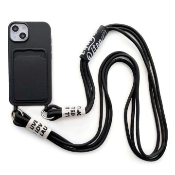 iPhone 14 Blød flydende silikone-telefontaske Kortspor Slank Beskyttende Bagcover med Lanyard Strap - Sort