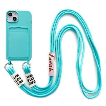 iPhone 14 Blød flydende silikone-telefontaske Kortspor Slank Beskyttende Bagcover med Lanyard Strap - Cyan