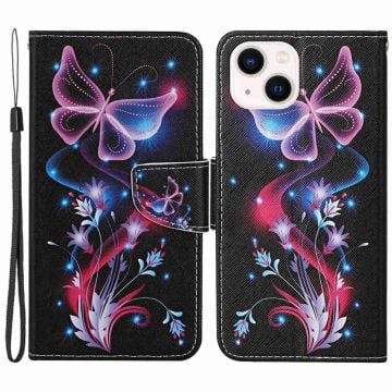 Wonderland iPhone 14 flip etui - Fluorescerende Sommerfugle