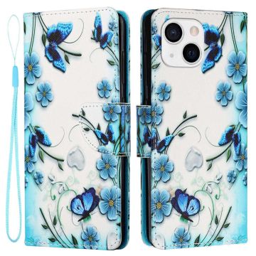 Wonderland iPhone 14 flip etui - Blå Blomst Sommerfugl