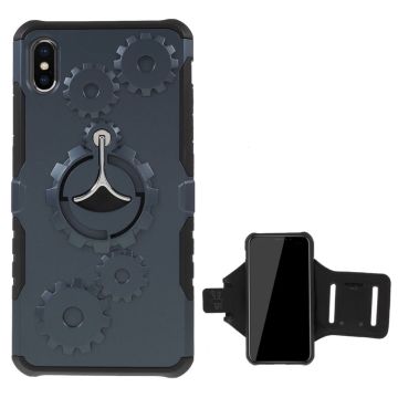 iPhone 9 Plus beskyttelsesetui i kombimaterialer med gear mønster samt armbård - Mørkeblå