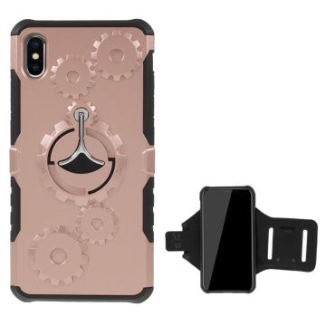 iPhone 9 Plus beskyttelsesetui i kombimaterialer med gear mønster samt armbård - Rosa Guld