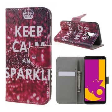 Samsung Galaxy J6 beskyttelsesetui i lædermateriale med printede mønstre og magnetisk lukkeklap - "Keep calm and Sparkle"