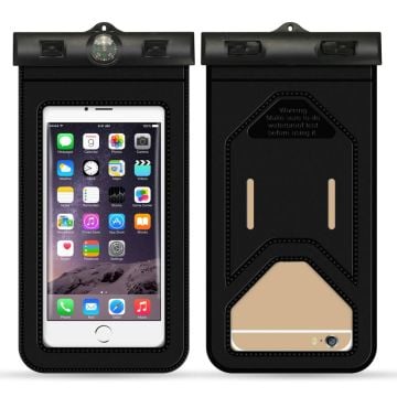 Universal waterproof phone pouch with compass and strap - Black