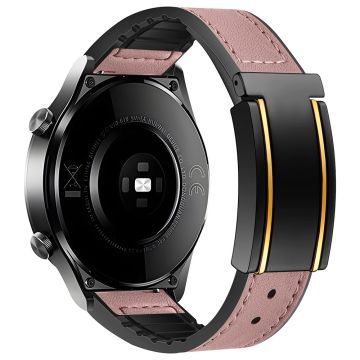 Huawei Watch 4 / 4 Pro / GT 4 46mm urrem 22mm silikone + ægte okselæder urrem - Bønne-Pink