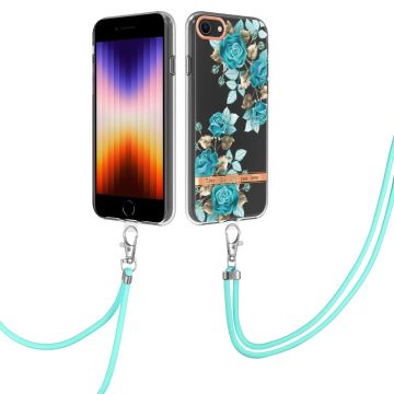 YB IMD-11 Series Phone Case iPhone SE (2020)/SE (2022)/7/8 4,7 tommer, blødt, fleksibelt IML IMD-blomstermønster med galvaniseret skal og nøglesnor - Hc002 Blue Rose