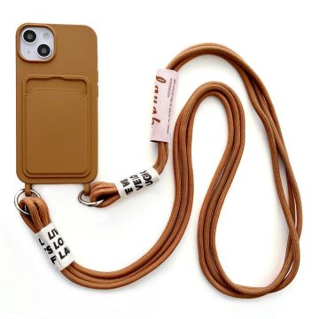 iPhone 14 Blød flydende silikone-telefontaske Kortspor Slank Beskyttende Bagcover med Lanyard Strap - Brun