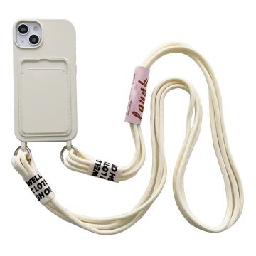 iPhone 14 Blød flydende silikone-telefontaske Kortspor Slank Beskyttende Bagcover med Lanyard Strap - Beige