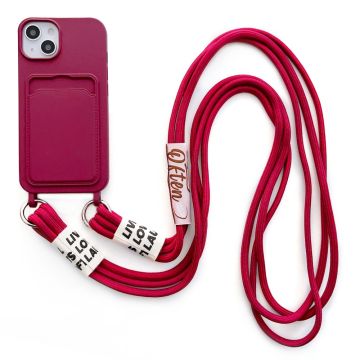 iPhone 14 Blød flydende silikone-telefontaske Kortspor Slank Beskyttende Bagcover med Lanyard Strap - Rødvin