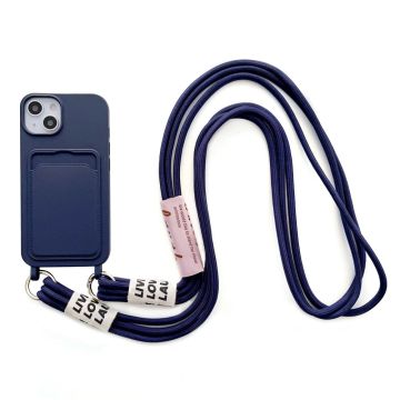 iPhone 14 Blød flydende silikone-telefontaske Kortspor Slank Beskyttende Bagcover med Lanyard Strap - Mørkeblå