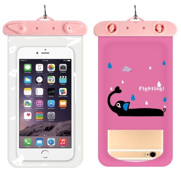 Universal cartoon pattern waterproof pouch for 6-inch smartphone with strap - Pink Elephant