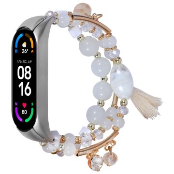 Xiaomi Mi Smart Band 6 / 5 stilfuld urrem med perler og kvaster - Hvid